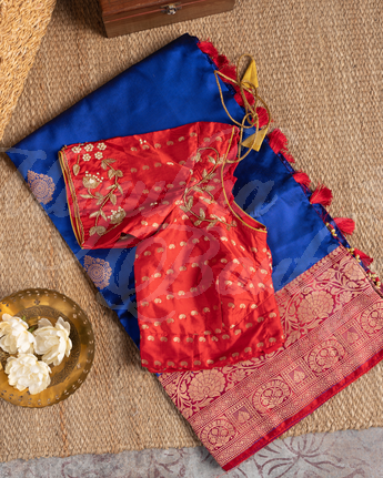 Banarasi Katan Silk Royal Blue Saree With Stitched Blouse In Size 38-44 mayukhasarees