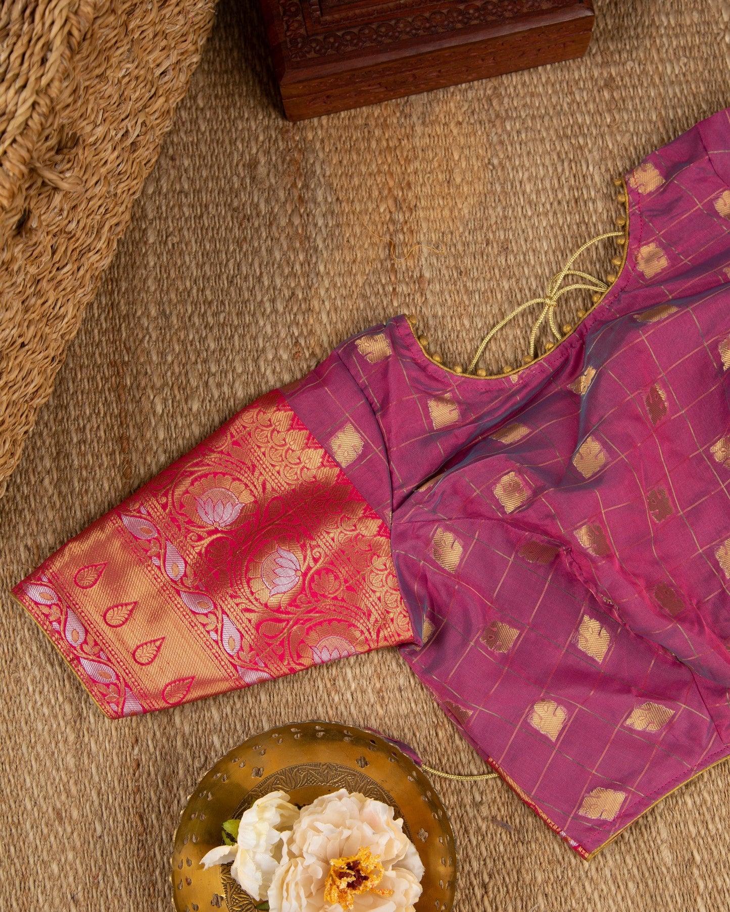 Banarasi Kora Blue & Pink Traditonal Awakening Saree With Stitched Blouse In Size 38-44 mayukhasarees