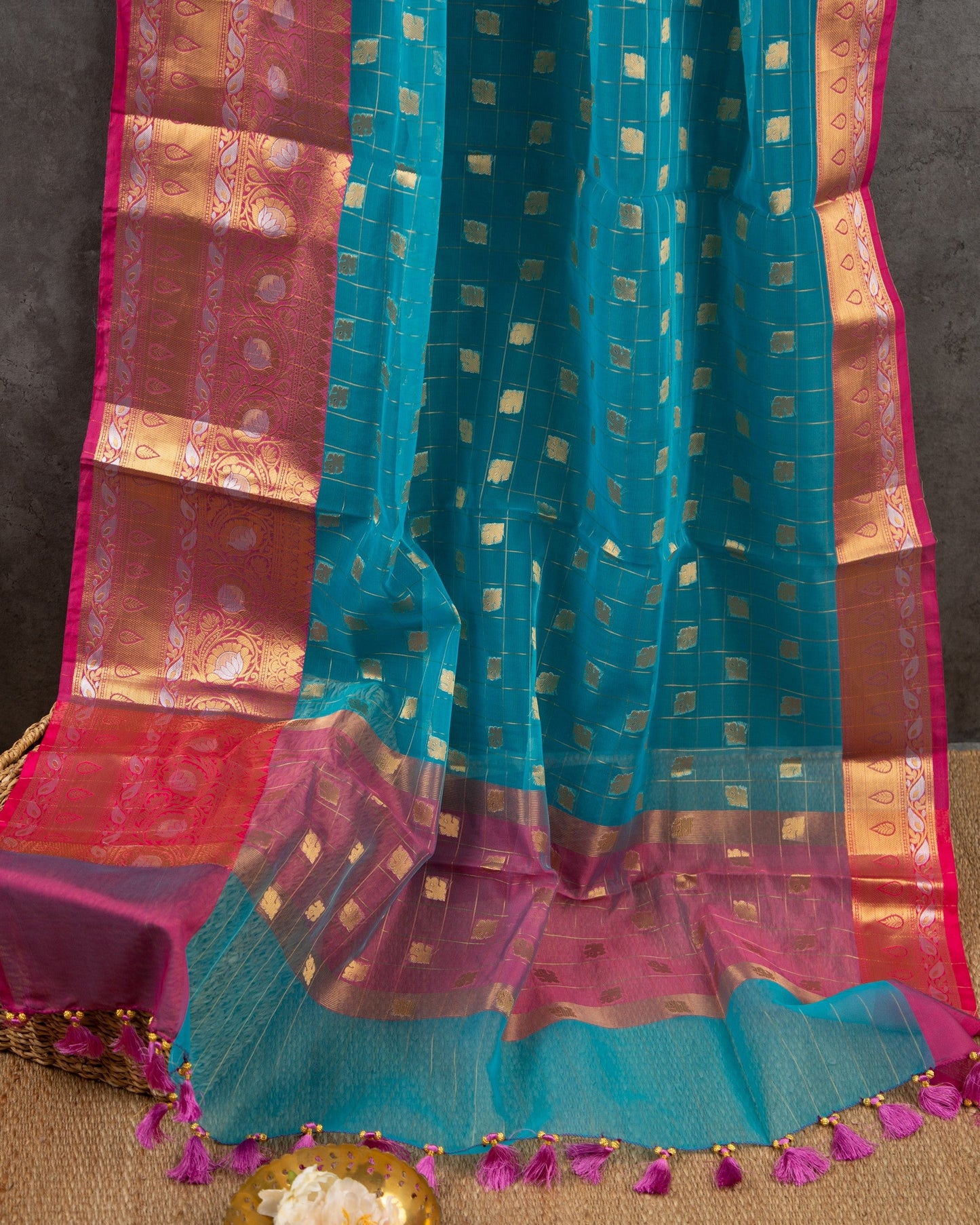 Banarasi Kora Blue & Pink Traditonal Awakening Saree With Stitched Blouse In Size 38-44 mayukhasarees