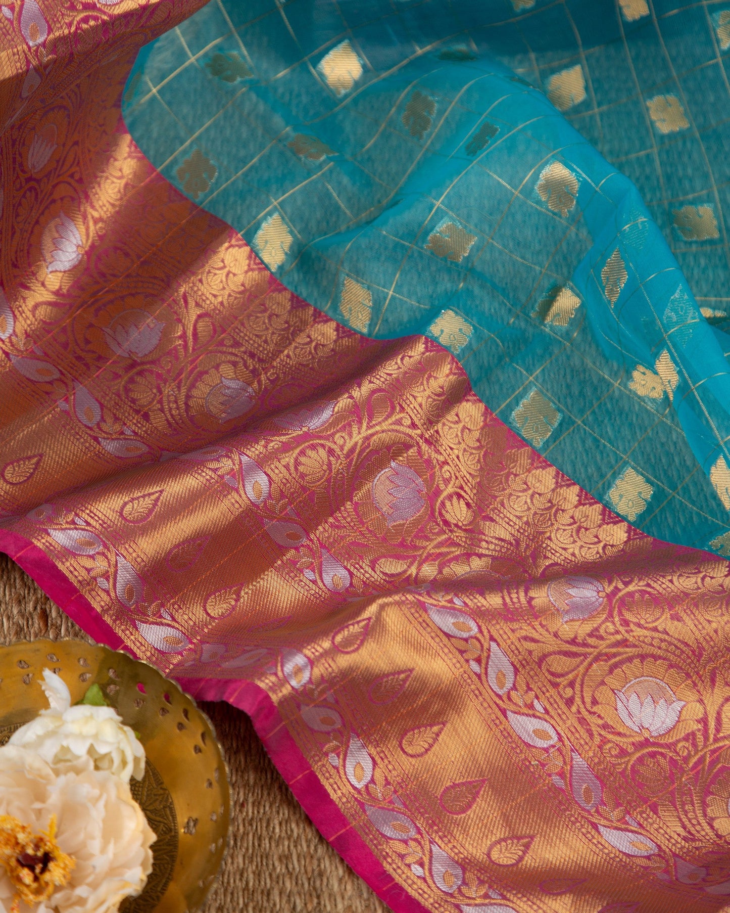 Banarasi Kora Blue & Pink Traditonal Awakening Saree With Stitched Blouse In Size 38-44 mayukhasarees
