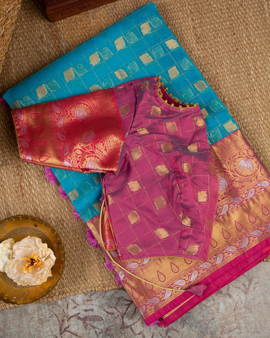 Banarasi Kora Blue & Pink Traditonal Awakening Saree With Stitched Blouse In Size 38-44 mayukhasarees