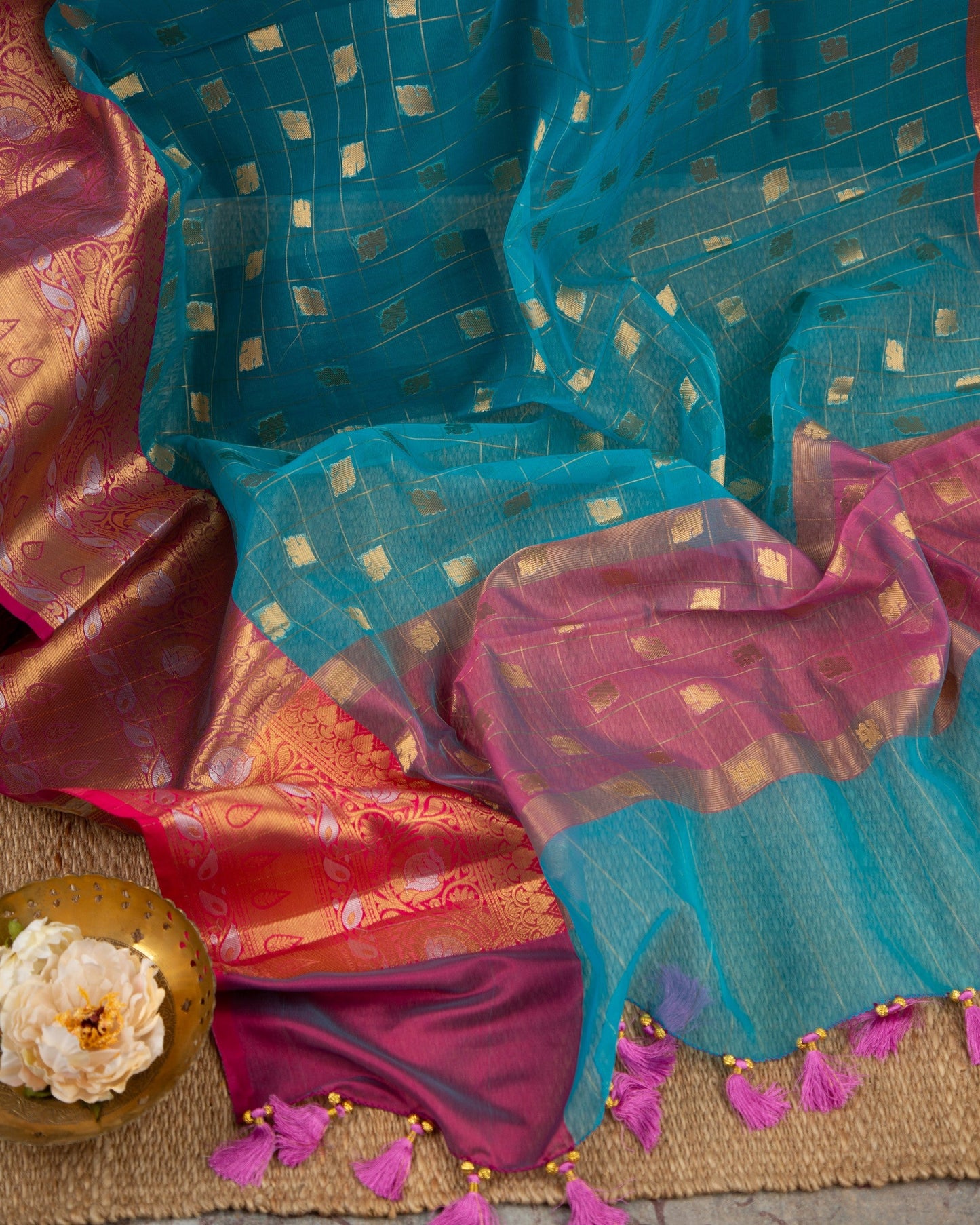 Banarasi Kora Blue & Pink Traditonal Awakening Saree With Stitched Blouse In Size 38-44 mayukhasarees