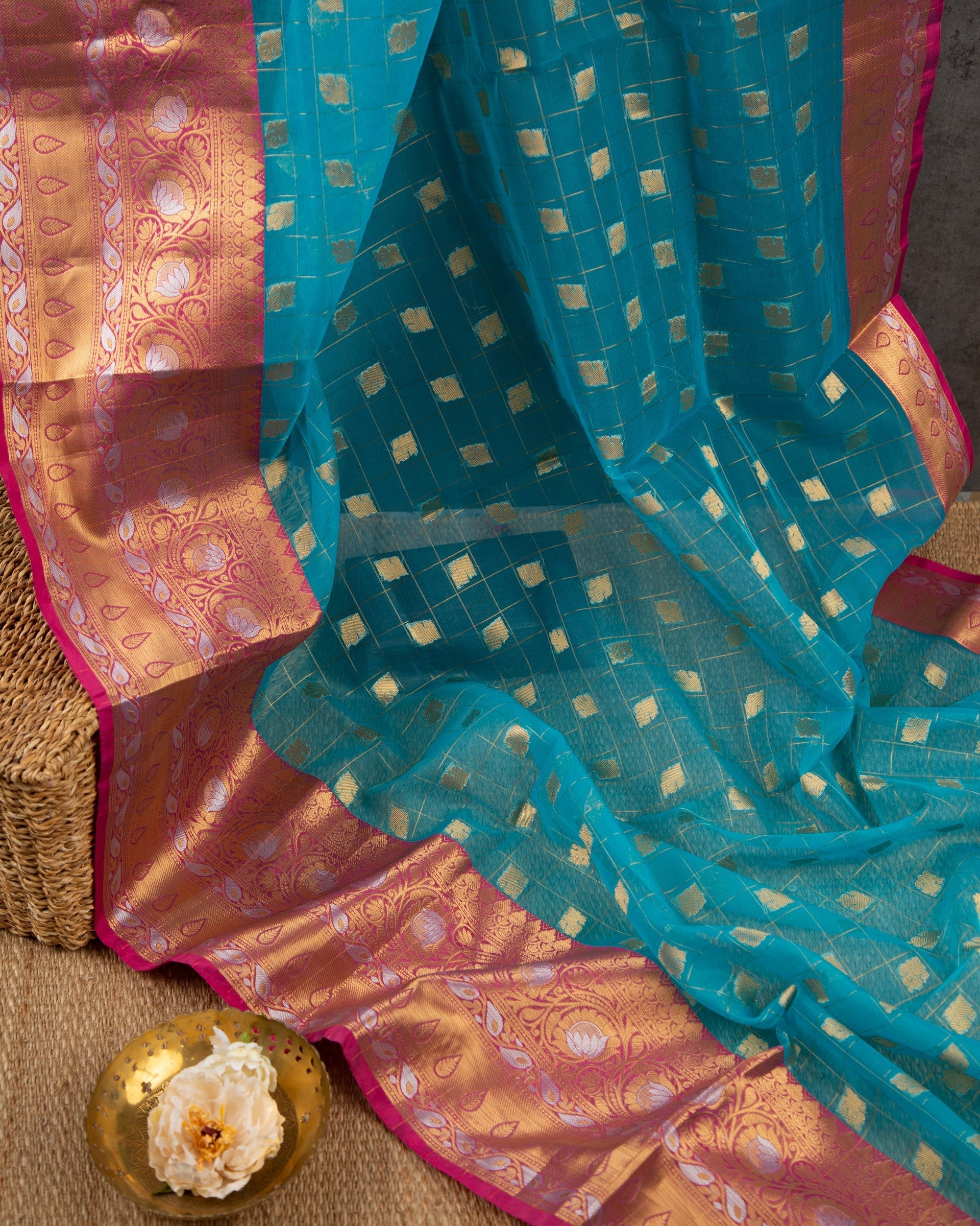 Banarasi Kora Blue & Pink Traditonal Awakening Saree With Stitched Blouse In Size 38-44 mayukhasarees