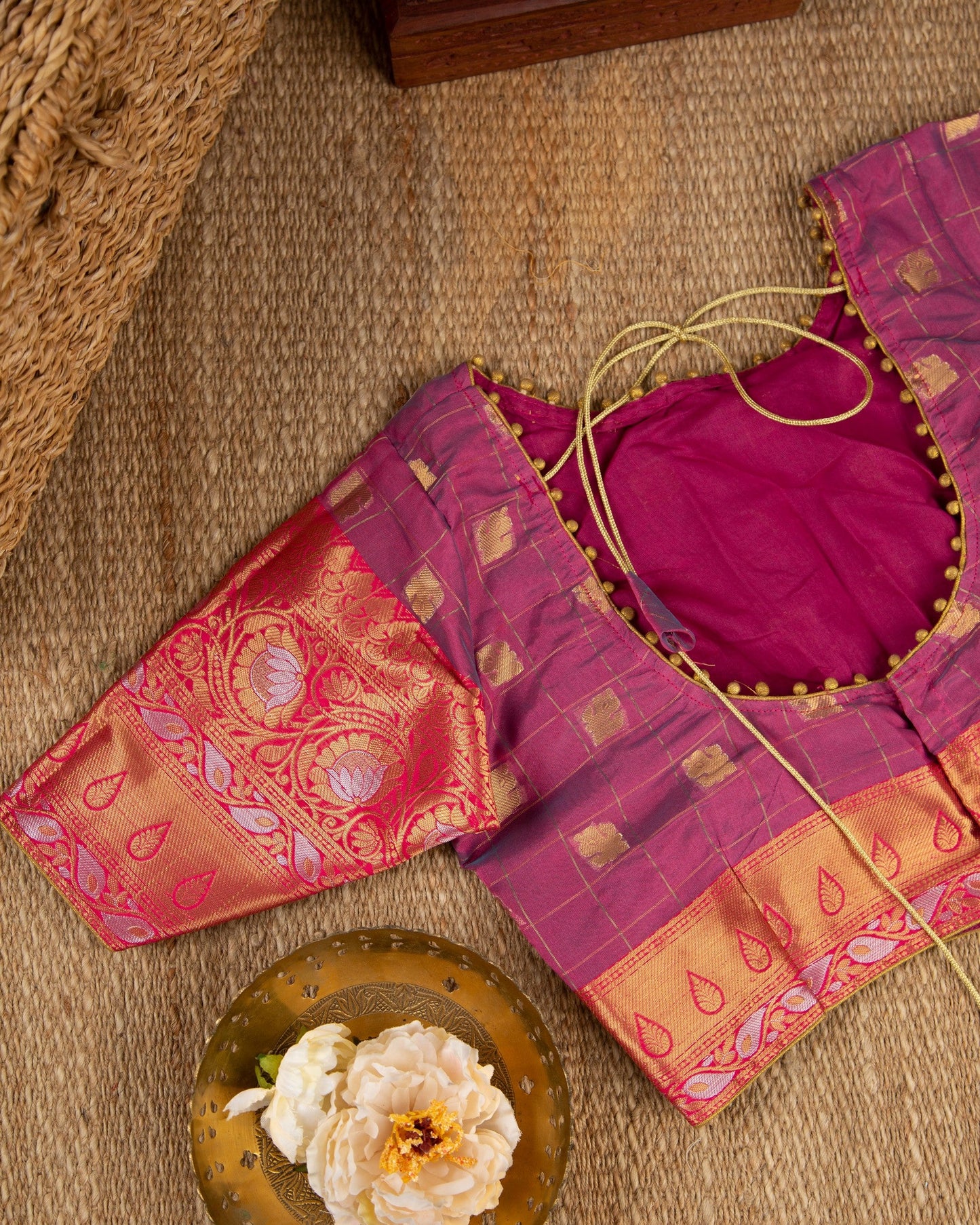 Banarasi Kora Blue & Pink Traditonal Awakening Saree With Stitched Blouse In Size 38-44 mayukhasarees