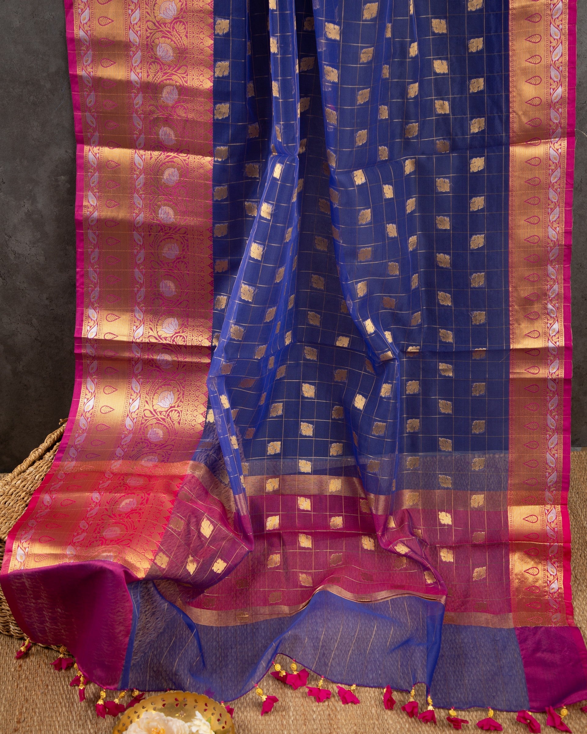 Banarasi Kora Navy With Blue Elite Brilliance Saree With Stitched Blouse In Size 38-44 mayukhasarees