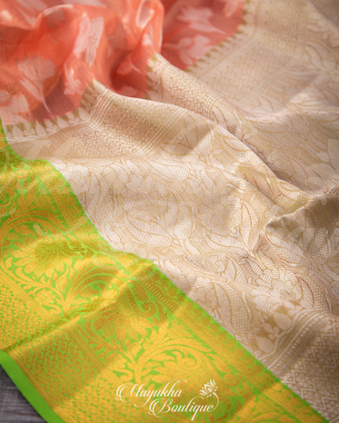 Banarasi Kora Peach & Green Saree With Stitched Blouse In Size 38-44 mayukhasarees