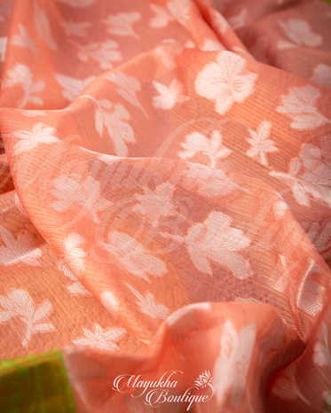 Banarasi Kora Peach & Green Saree With Stitched Blouse In Size 38-44 mayukhasarees