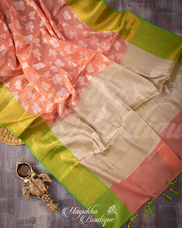 Banarasi Kora Peach & Green Saree With Stitched Blouse In Size 38-44 mayukhasarees