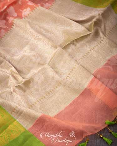 Banarasi Kora Peach & Green Saree With Stitched Blouse In Size 38-44 mayukhasarees