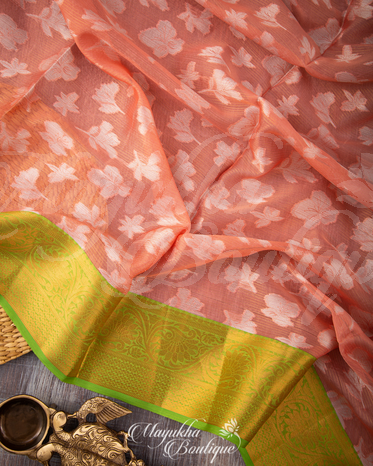 Banarasi Kora Peach & Green Saree With Stitched Blouse In Size 38-44 mayukhasarees