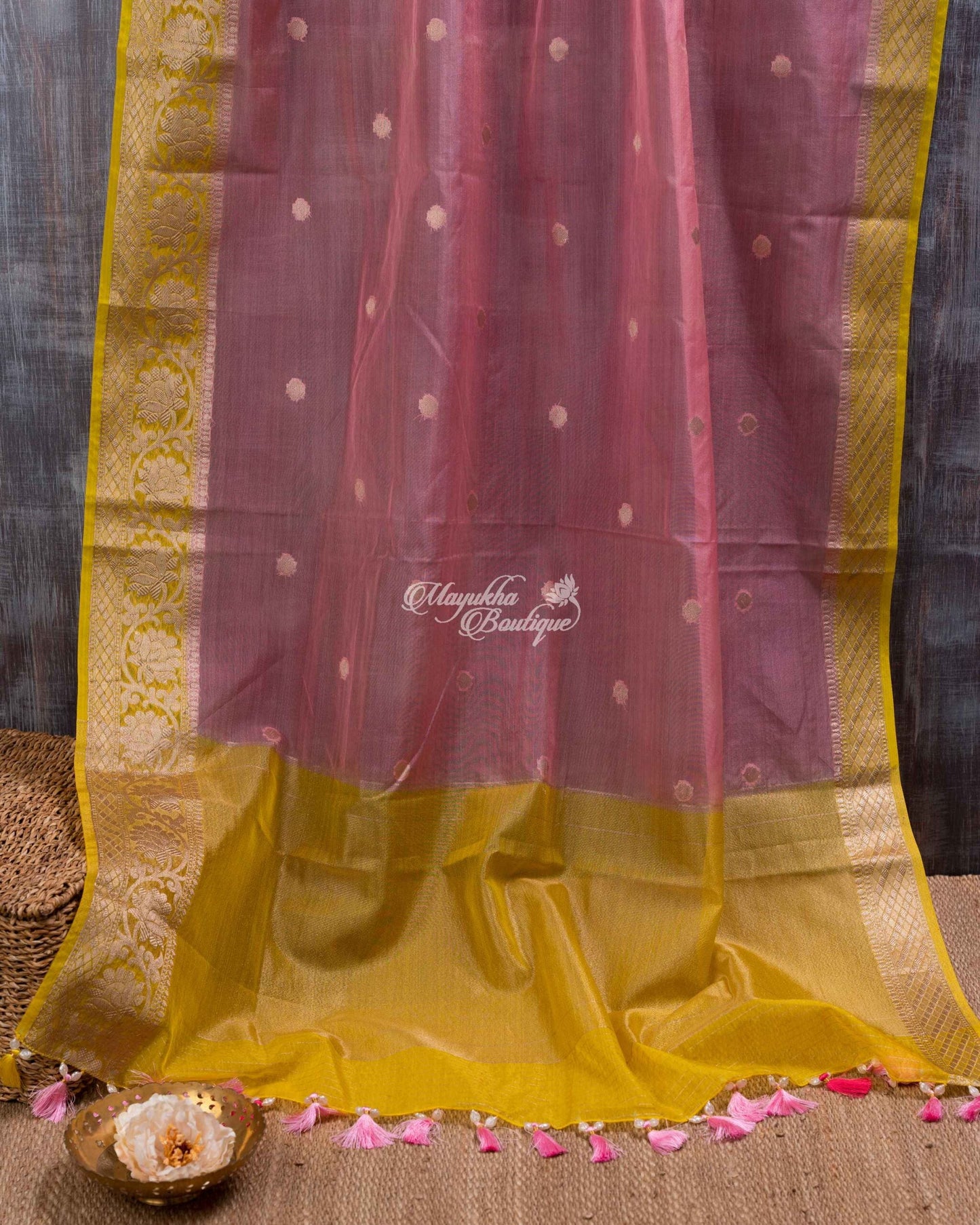 Banarasi Kora Powder Pink & Yellow Pink Magnificence Saree With Stitched Blouse In Size 38-44 mayukhasarees