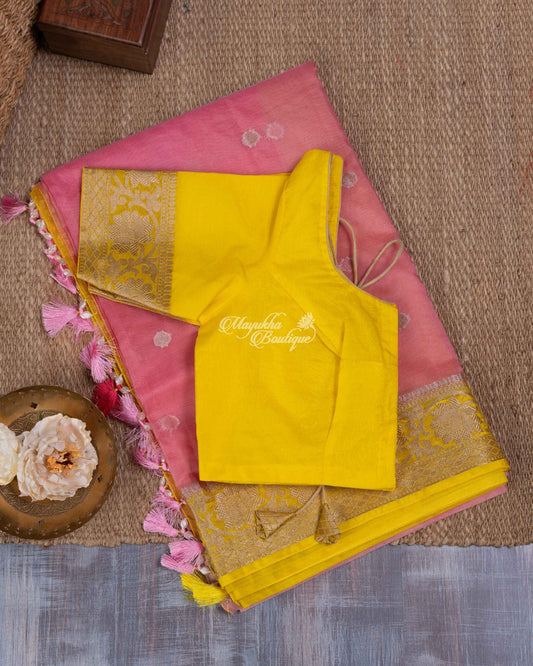 Banarasi Kora Powder Pink & Yellow Pink Magnificence Saree With Stitched Blouse In Size 38-44 mayukhasarees