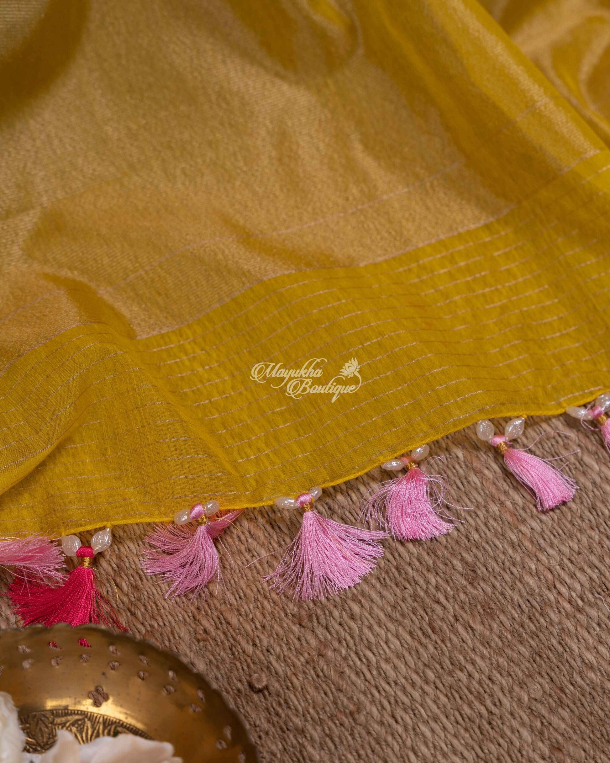 Banarasi Kora Powder Pink & Yellow Pink Magnificence Saree With Stitched Blouse In Size 38-44 mayukhasarees