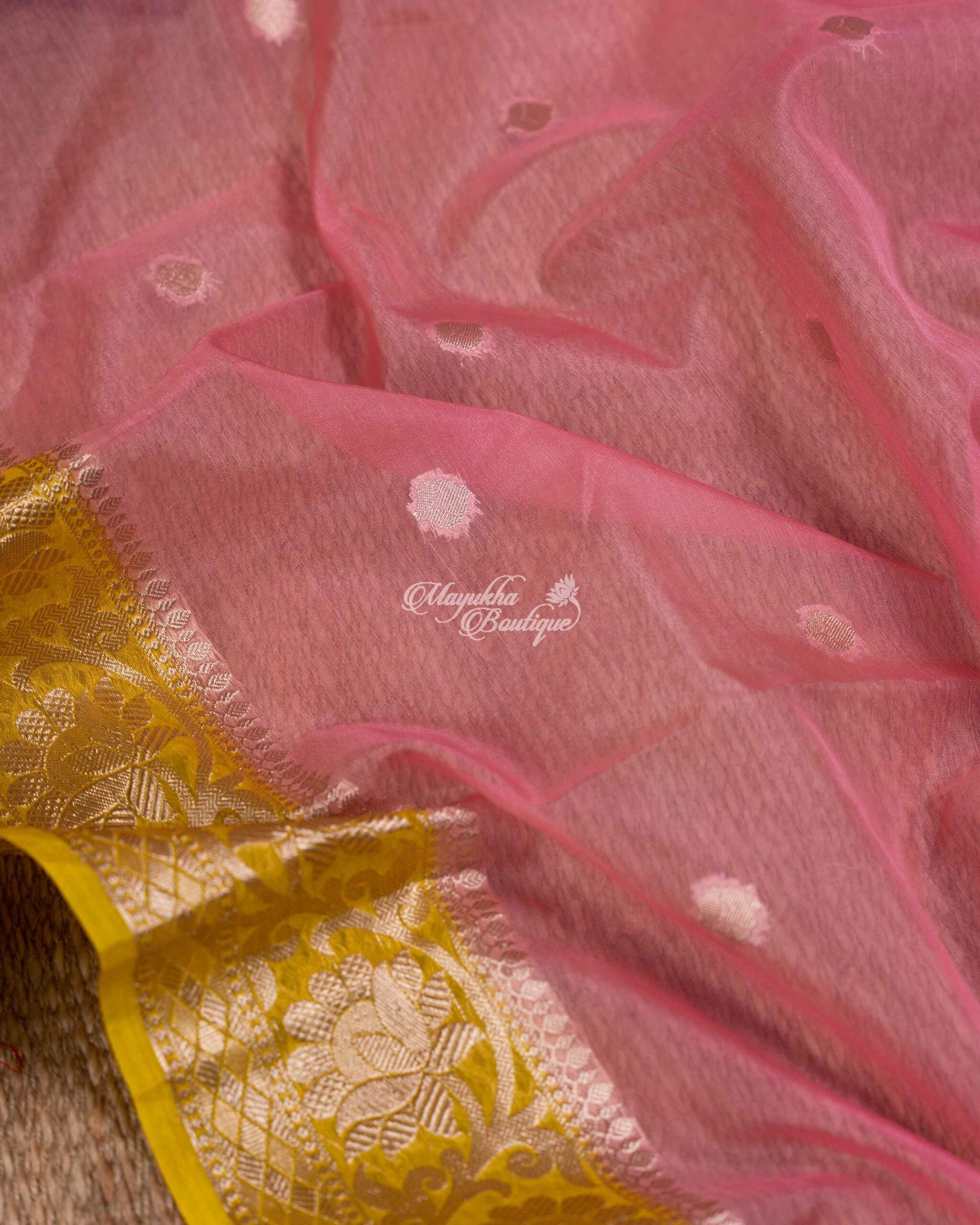 Banarasi Kora Powder Pink & Yellow Pink Magnificence Saree With Stitched Blouse In Size 38-44 mayukhasarees