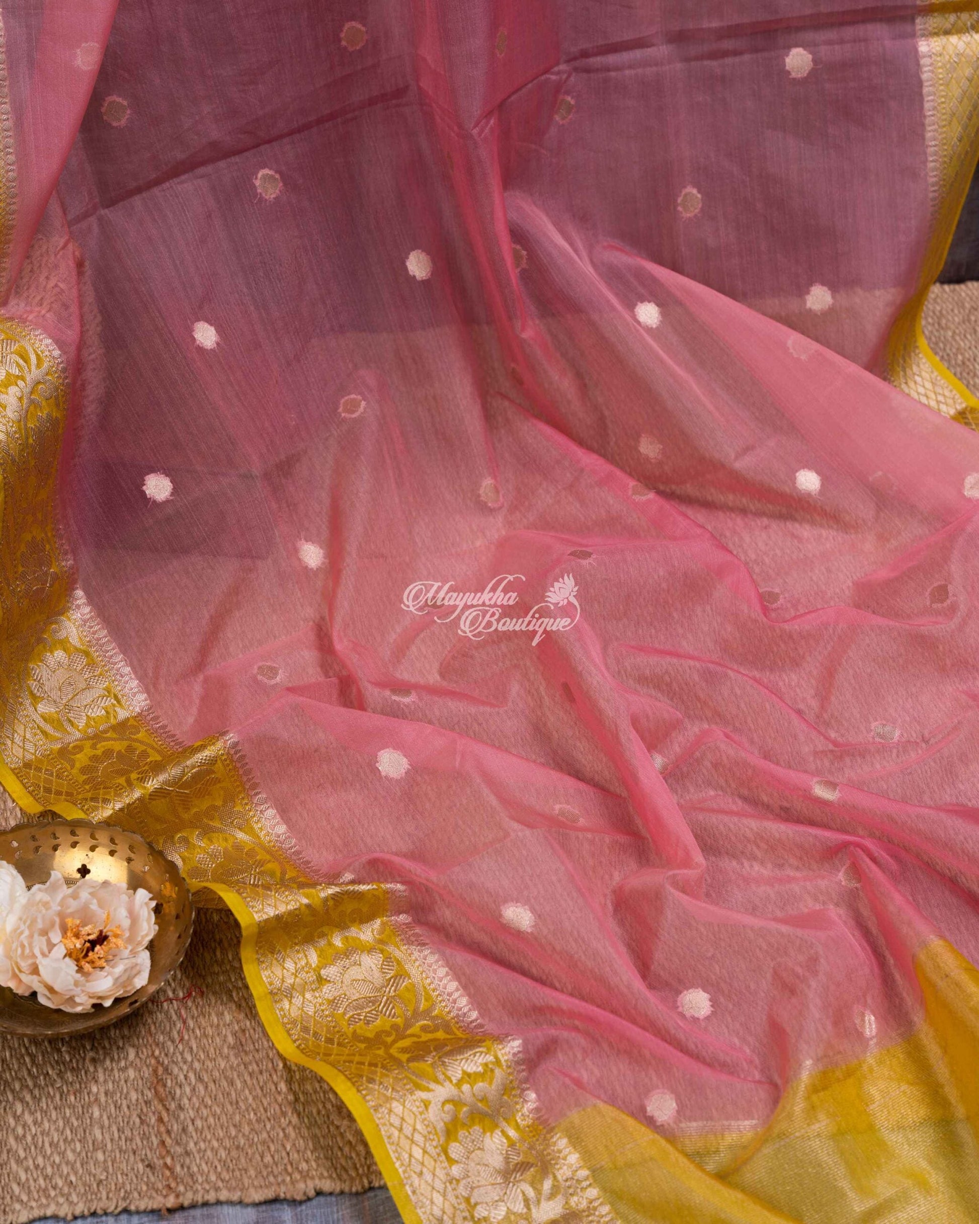 Banarasi Kora Powder Pink & Yellow Pink Magnificence Saree With Stitched Blouse In Size 38-44 mayukhasarees