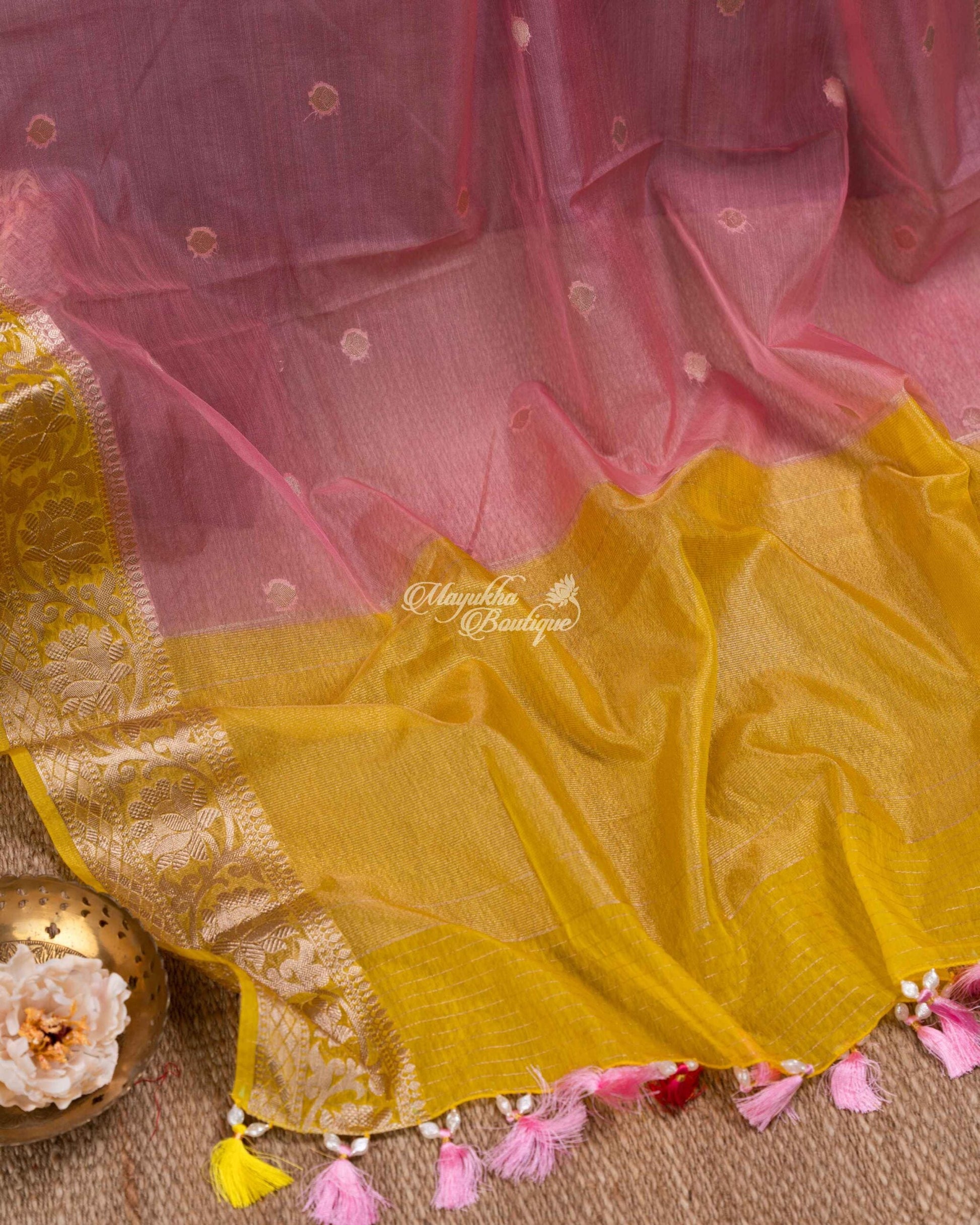 Banarasi Kora Powder Pink & Yellow Pink Magnificence Saree With Stitched Blouse In Size 38-44 mayukhasarees