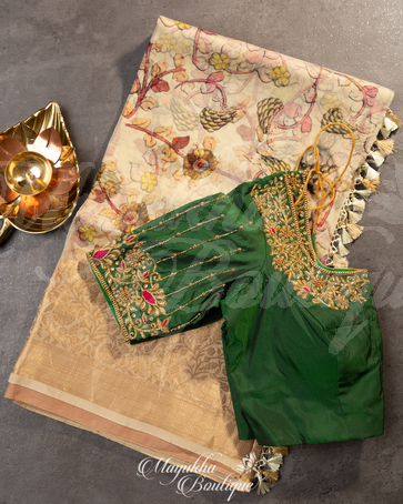 Banarasi Kora Pure Silk Kalamkari Prints Beige & Green Saree With Stitched Blouse In Size 38-44 mayukhasarees