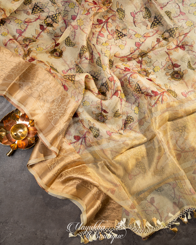 Banarasi Kora Pure Silk Kalamkari Prints Beige & Green Saree With Stitched Blouse In Size 38-44 mayukhasarees