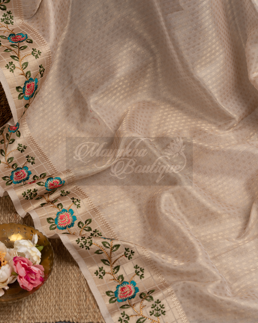 Banarasi Kora Tifli Beige Saree mayukhasarees