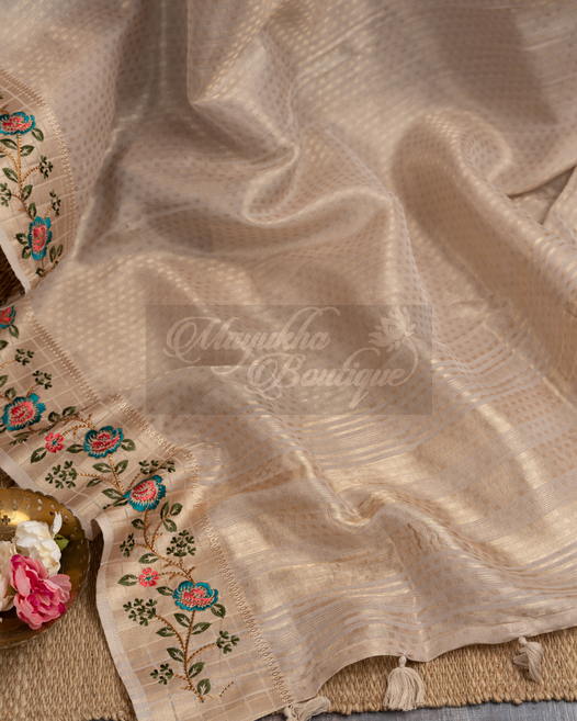 Banarasi Kora Tifli Beige Saree mayukhasarees