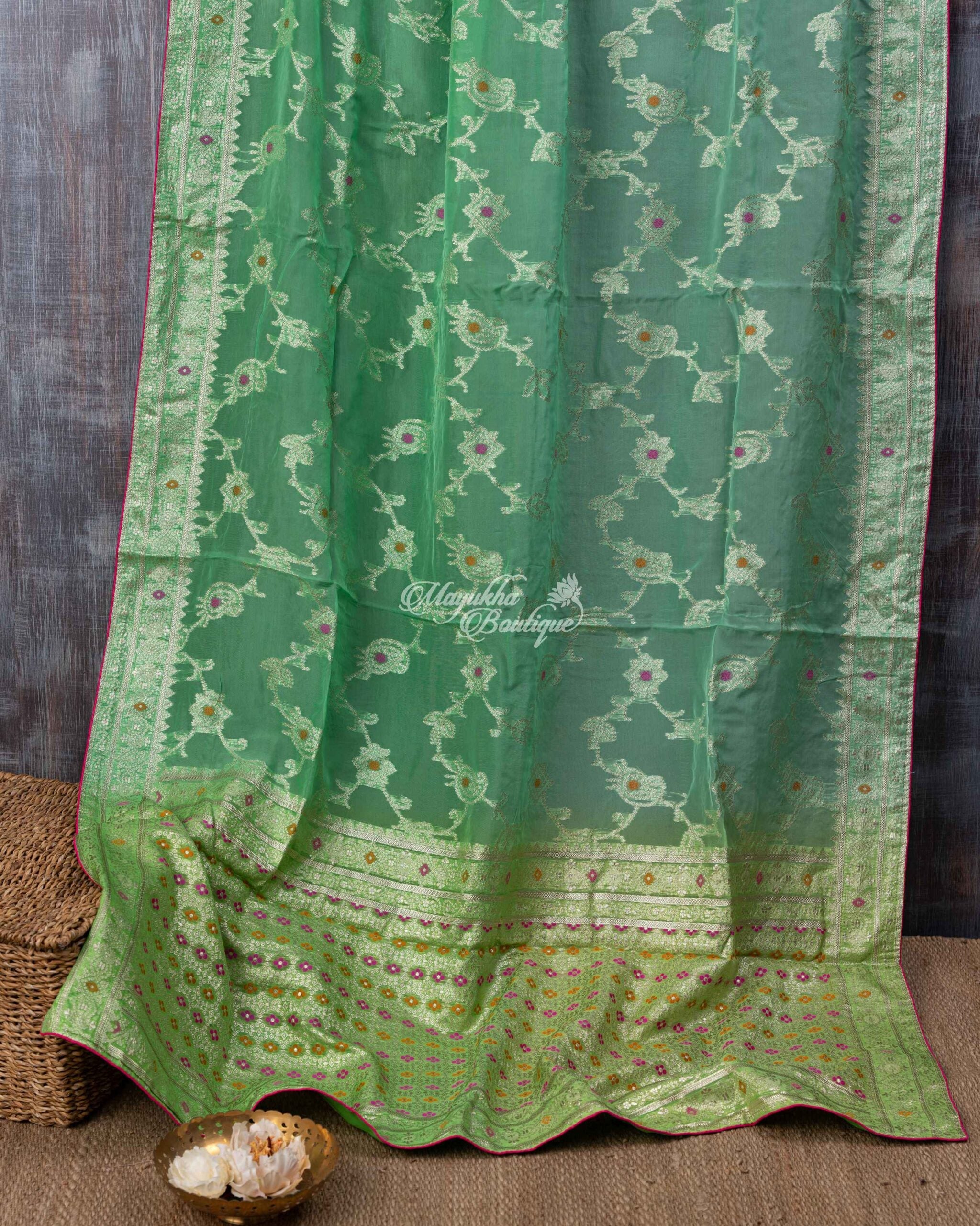 Banarasi Kora With Jaal Work Light Green Basil Meadows Saree With