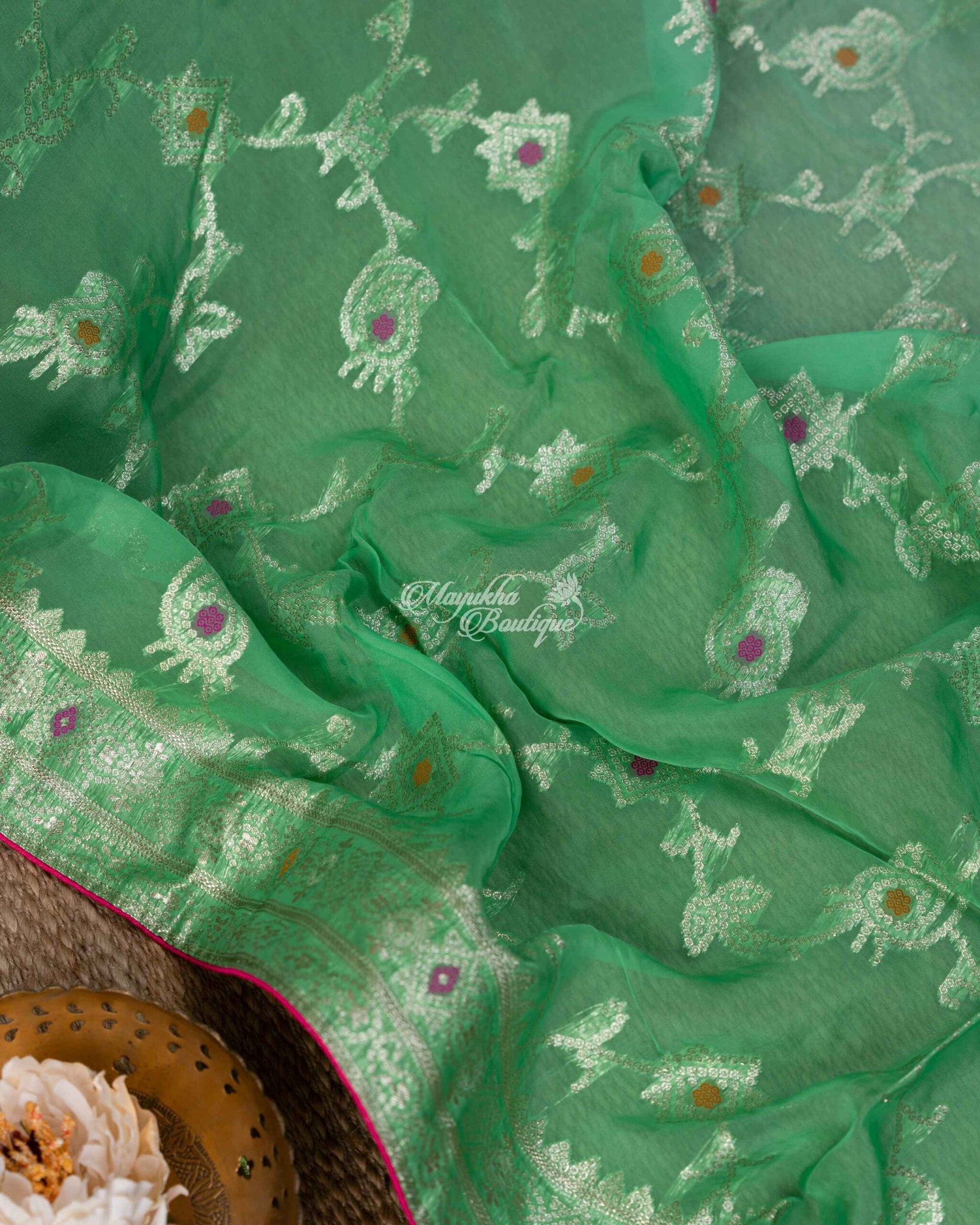 Banarasi Kora With Jaal Work Light Green Basil Meadows Saree With Stitched Blouse In Size 38-44 mayukhasarees