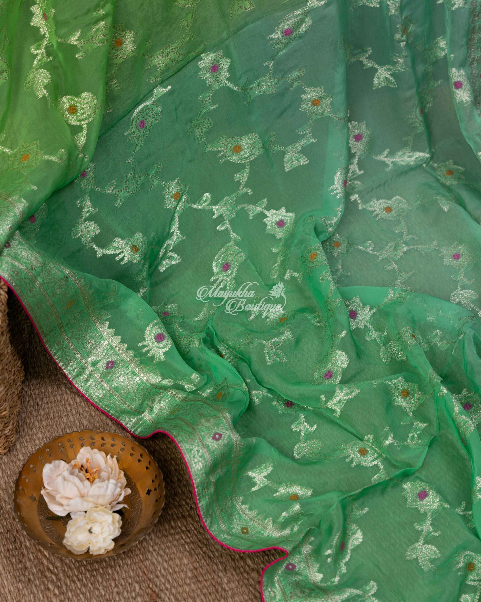 Banarasi Kora With Jaal Work Light Green Basil Meadows Saree With Stitched Blouse In Size 38-44 mayukhasarees