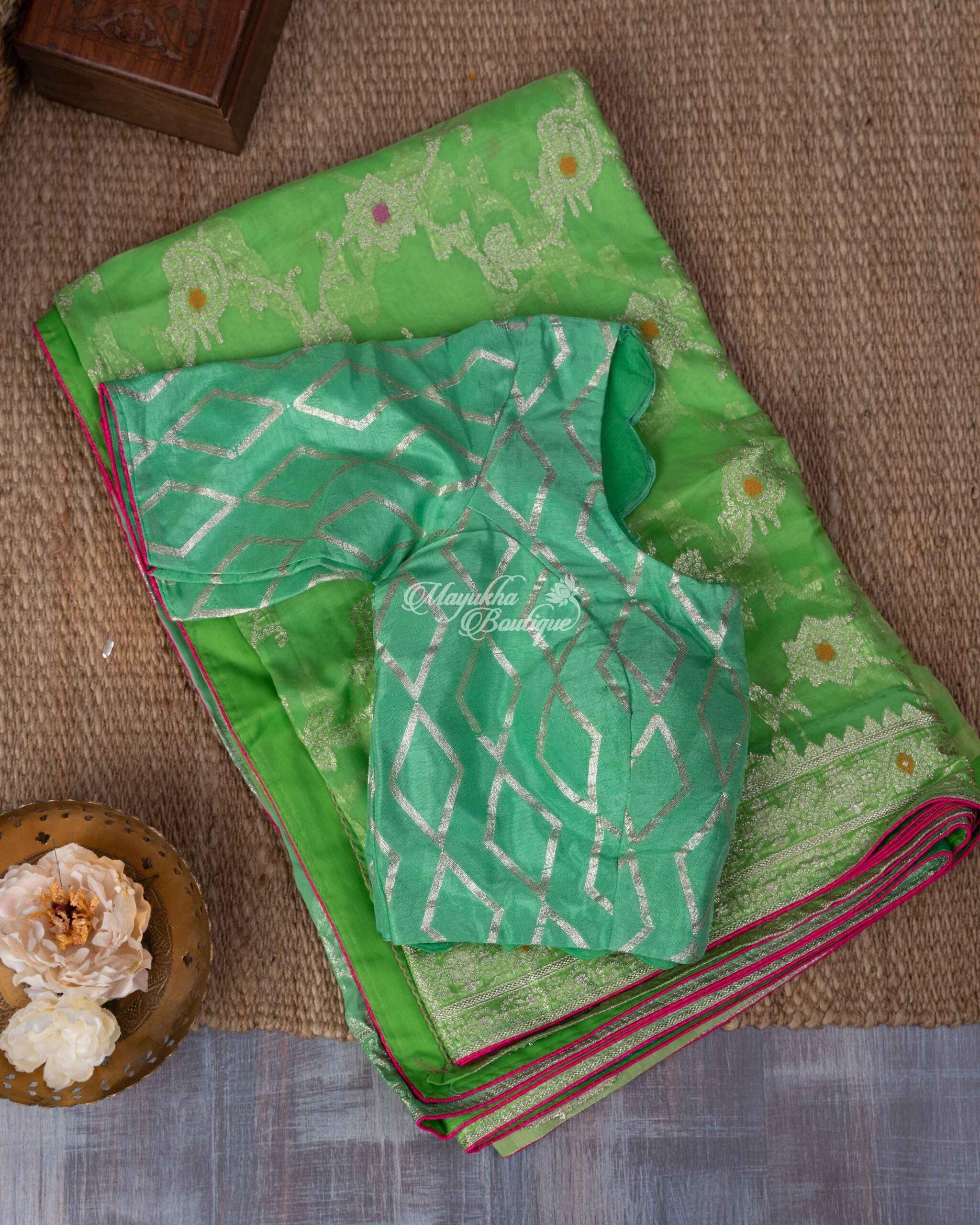 Banarasi Kora With Jaal Work Light Green Basil Meadows Saree With