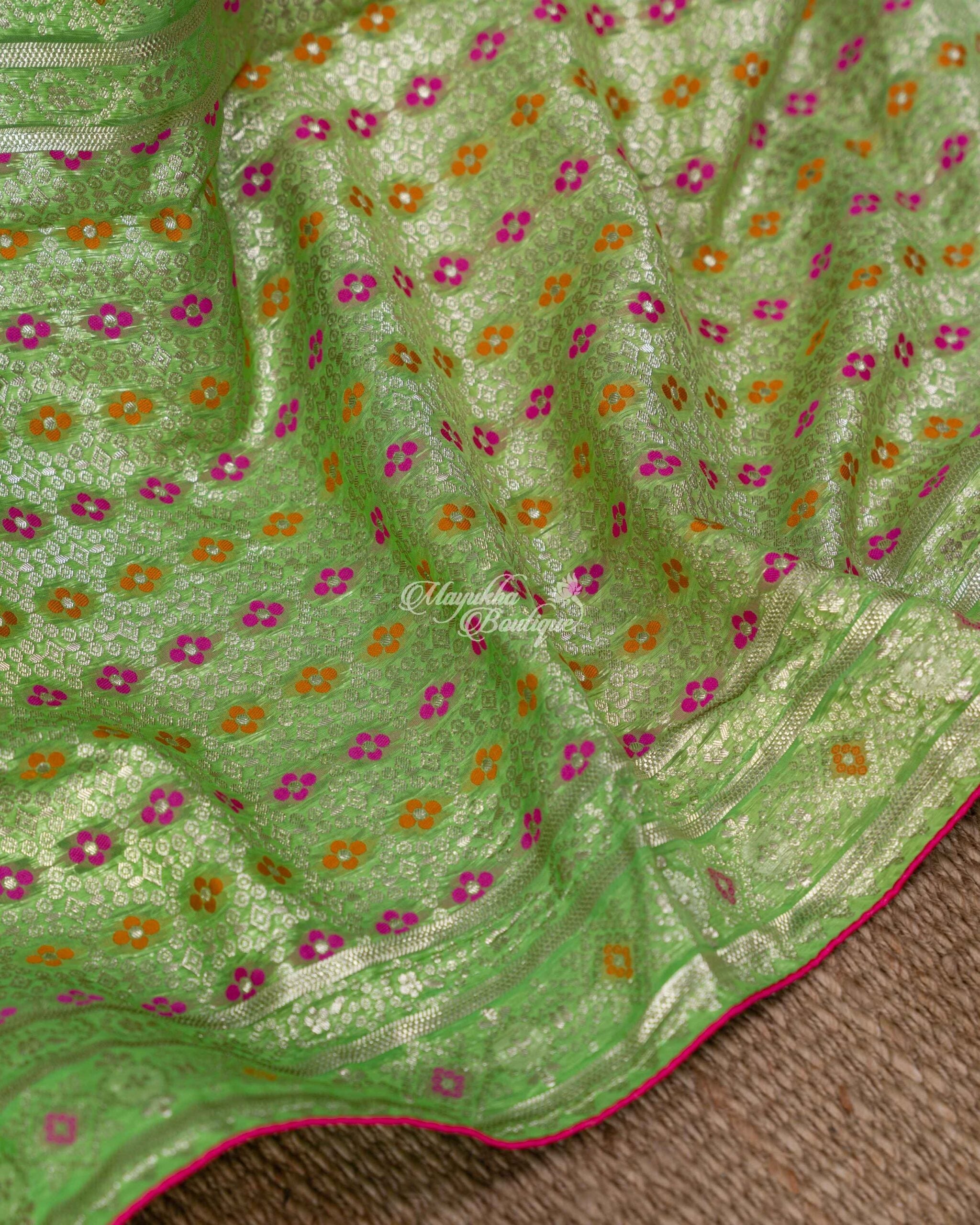 Banarasi Kora With Jaal Work Light Green Basil Meadows Saree With