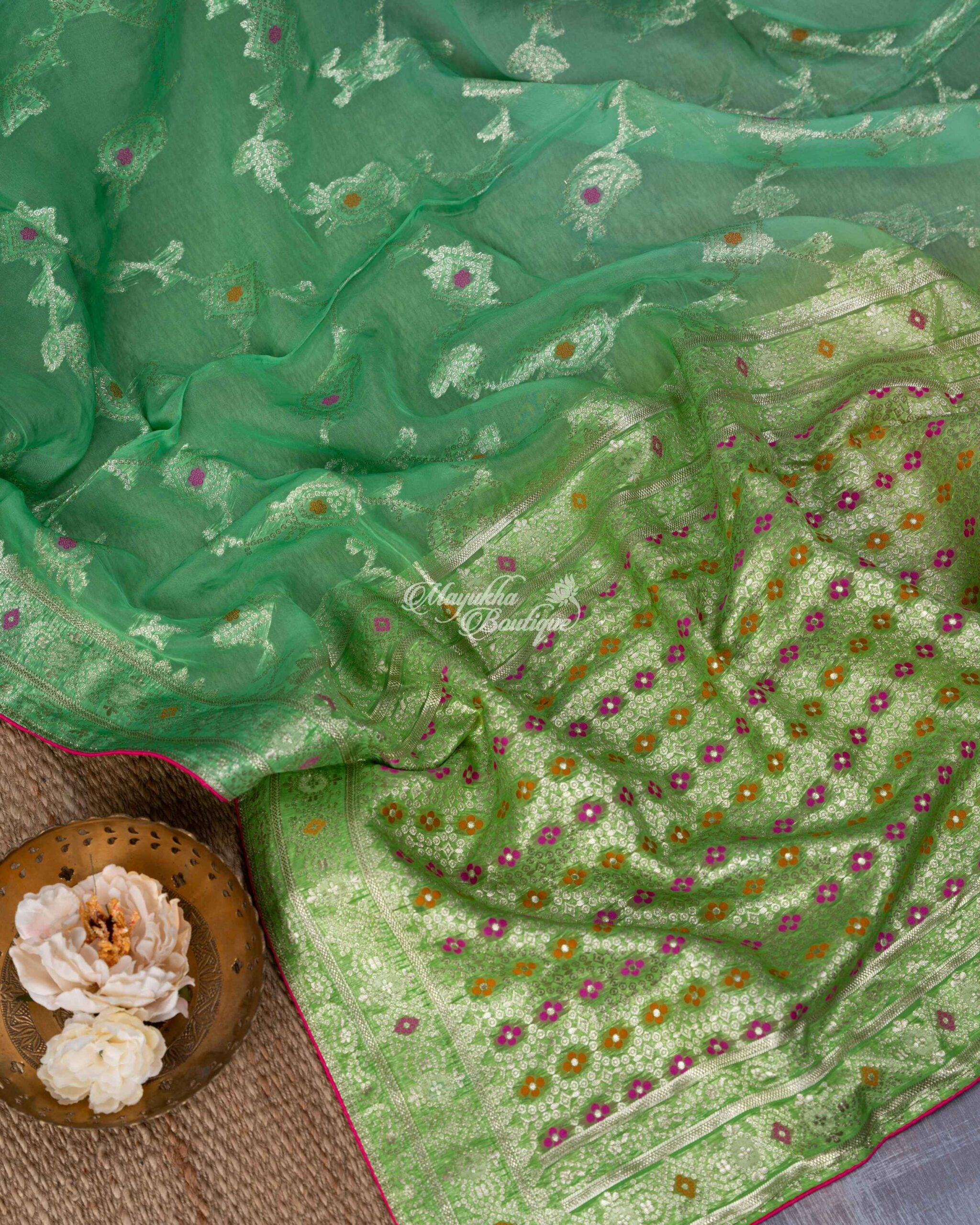 Banarasi Kora With Jaal Work Light Green Basil Meadows Saree With