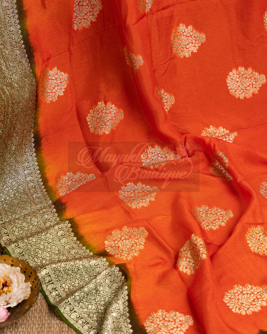 Banarasi Munga Butta Ornage Saree mayukhasarees