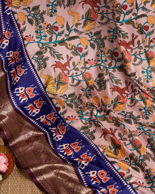 Banarasi Munga Peach Kalamkari Saree mayukhasarees