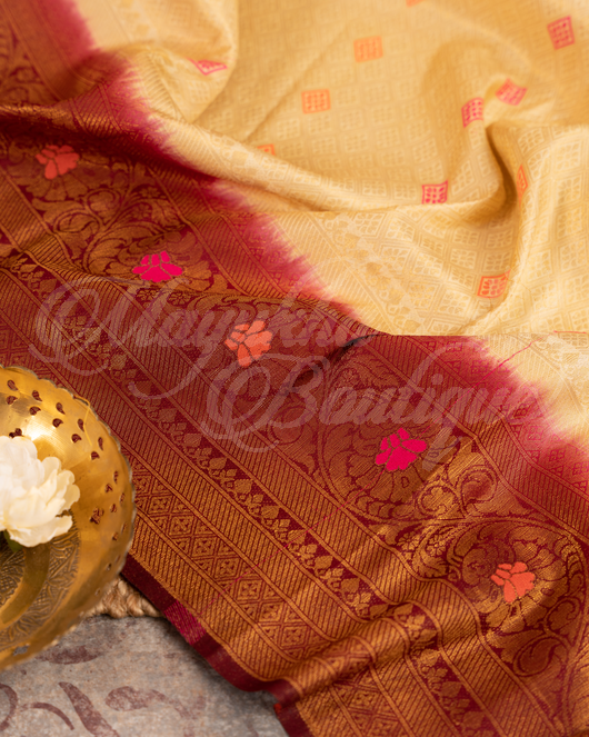 Banarasi Soft Silk Off White & Maroon Saree With Stitched Blouse In Size 38-44 mayukhasarees