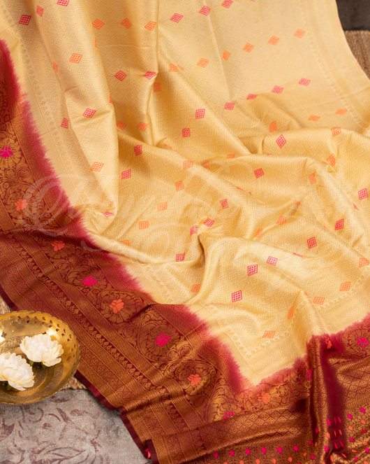 Banarasi Soft Silk Off White & Maroon Saree With Stitched Blouse In Size 38-44 mayukhasarees