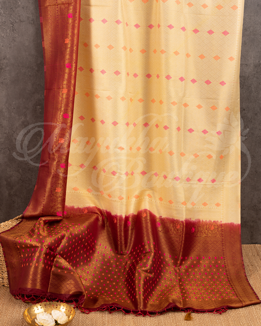 Banarasi Soft Silk Off White & Maroon Saree With Stitched Blouse In Size 38-44 mayukhasarees