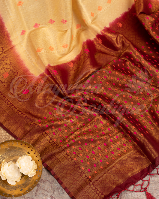 Banarasi Soft Silk Off White & Maroon Saree With Stitched Blouse In Size 38-44 mayukhasarees