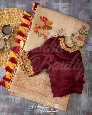 Banarasi Tassar Georgette Beige & Maroon Saree With Stitched Blouse In Size 38-44 mayukhasarees