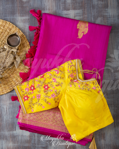 Banarasi Tassar Georgette Butta Magenta & Yellow Saree With Stitched Blouse In Size 38-44 mayukhasarees