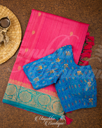 Banarasi Tassar Goegette Pink & Blue Saree With Stitched Blouse In Size 38-44 mayukhasarees