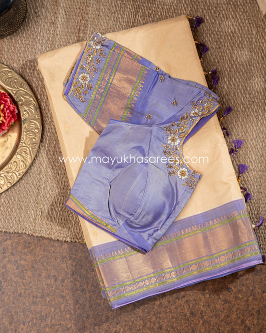 Beige And Lavender Gadwal Silk Saree With Stitched Blouse mayukhasarees