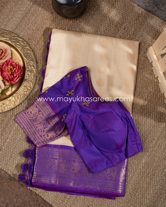 Beige And Purple Kanchipuram Koravai Silk Saree With Stitched Blouse mayukhasarees