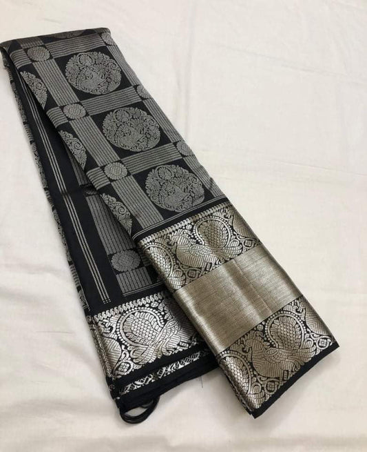 Black Kanchipuram Pure Silk Saree With Silver Zari mayukhasarees