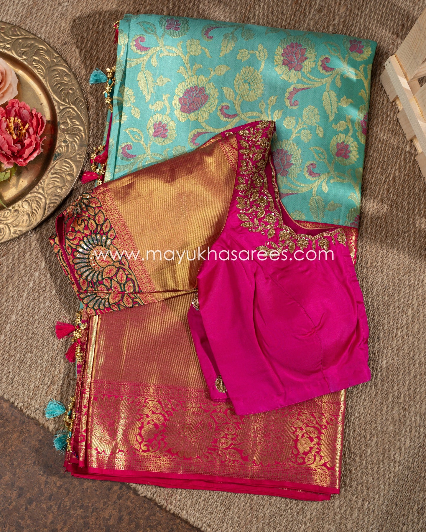 Blue And Pink Tifli Kanchipuram Silk Saree With Stitched Blouse mayukhasarees