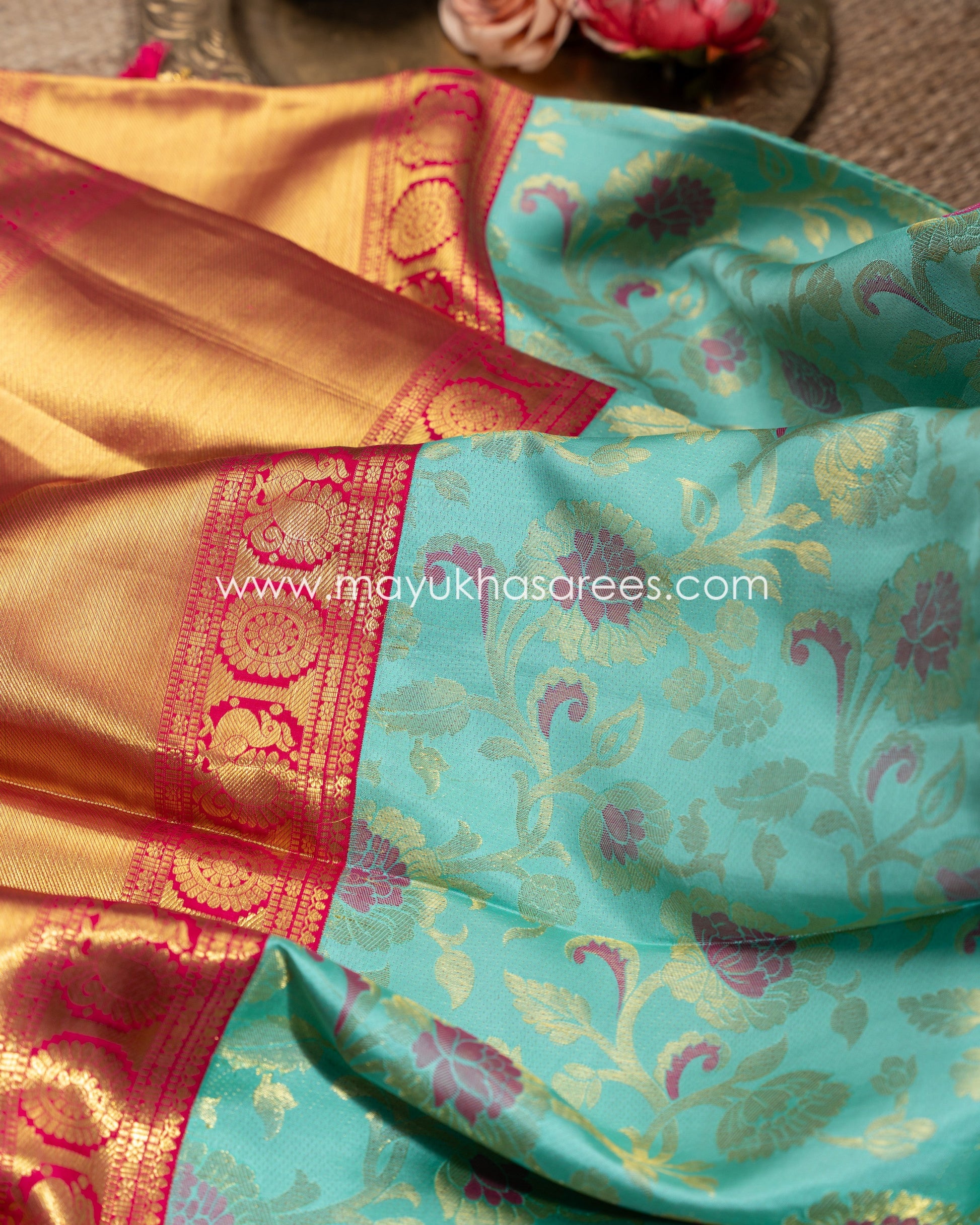 Blue And Pink Tifli Kanchipuram Silk Saree With Stitched Blouse mayukhasarees