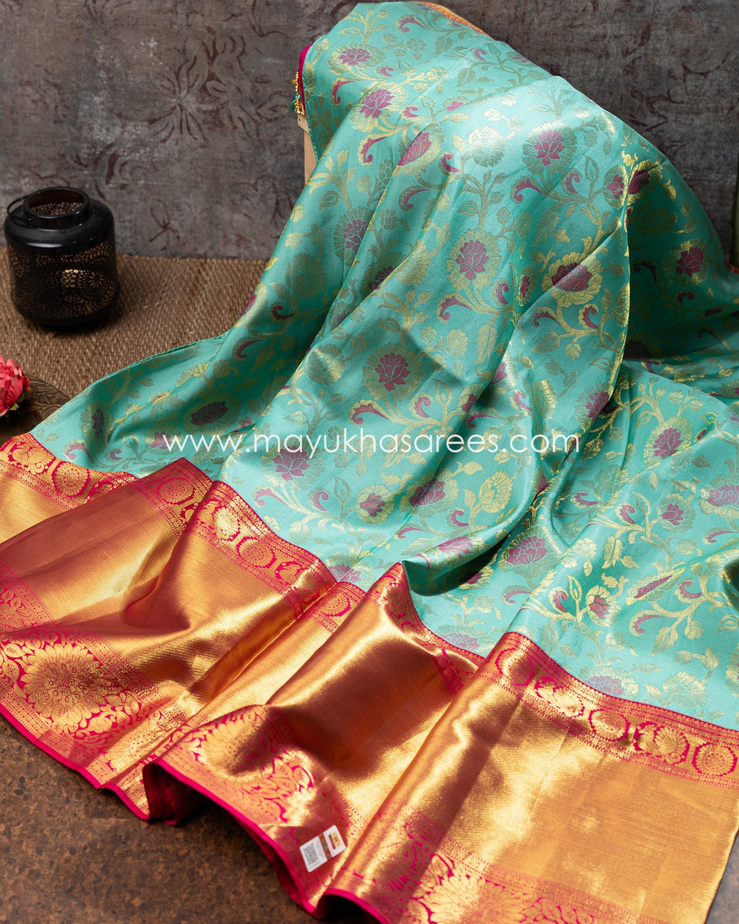 Blue And Pink Tifli Kanchipuram Silk Saree With Stitched Blouse mayukhasarees