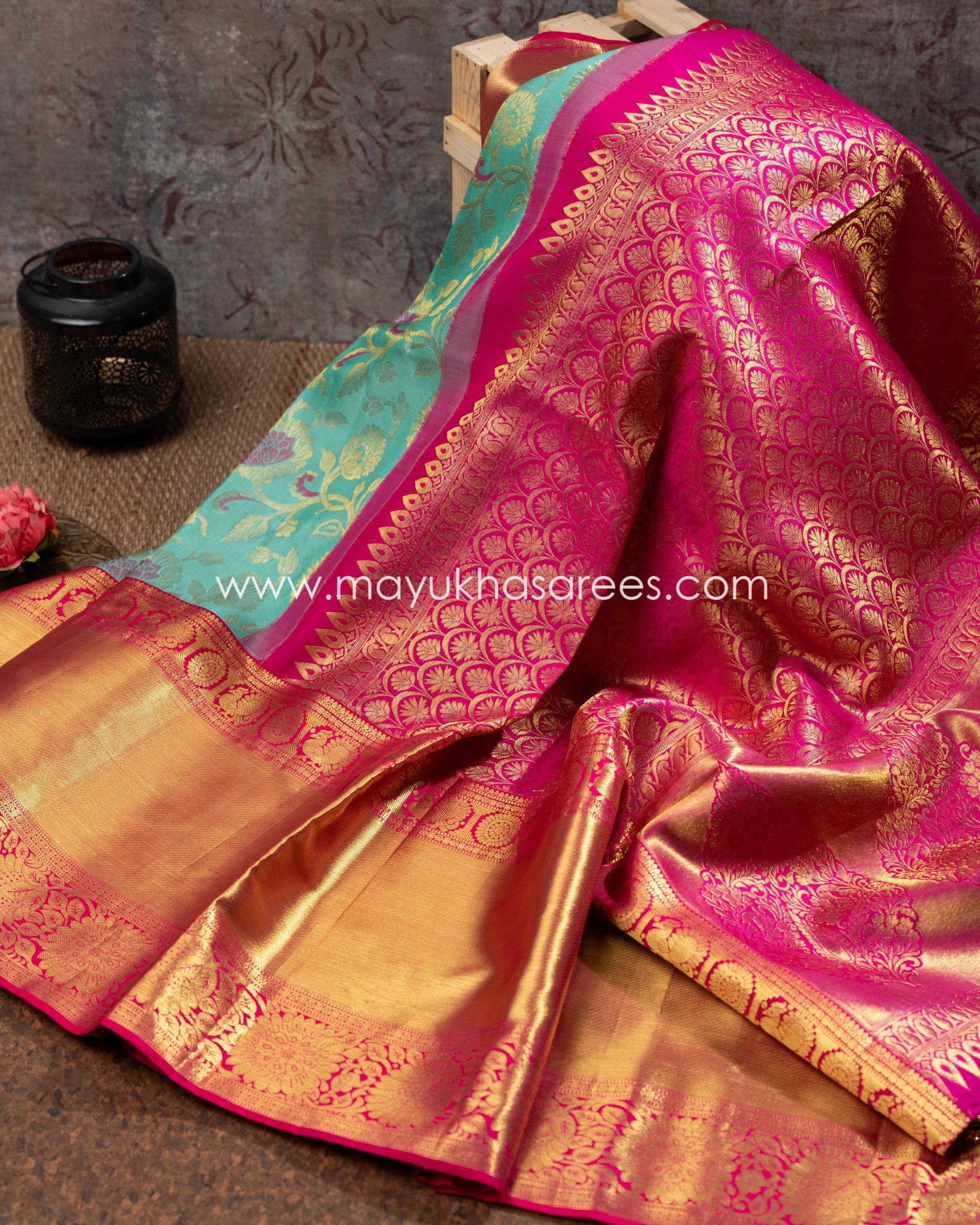 Blue And Pink Tifli Kanchipuram Silk Saree With Stitched Blouse mayukhasarees