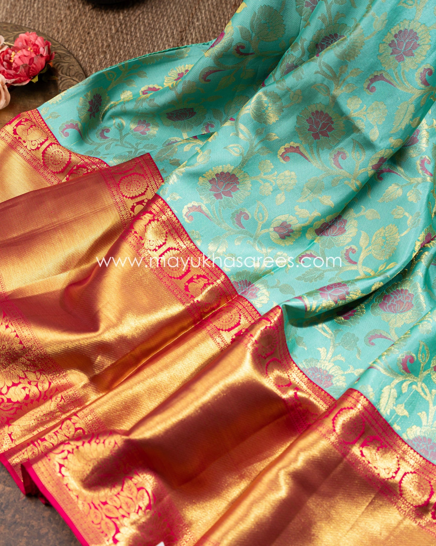 Blue And Pink Tifli Kanchipuram Silk Saree With Stitched Blouse mayukhasarees