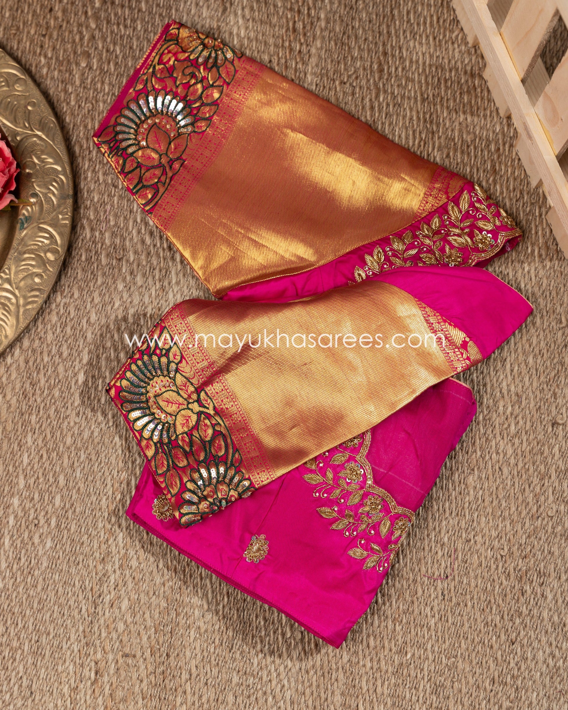 Blue And Pink Tifli Kanchipuram Silk Saree With Stitched Blouse mayukhasarees