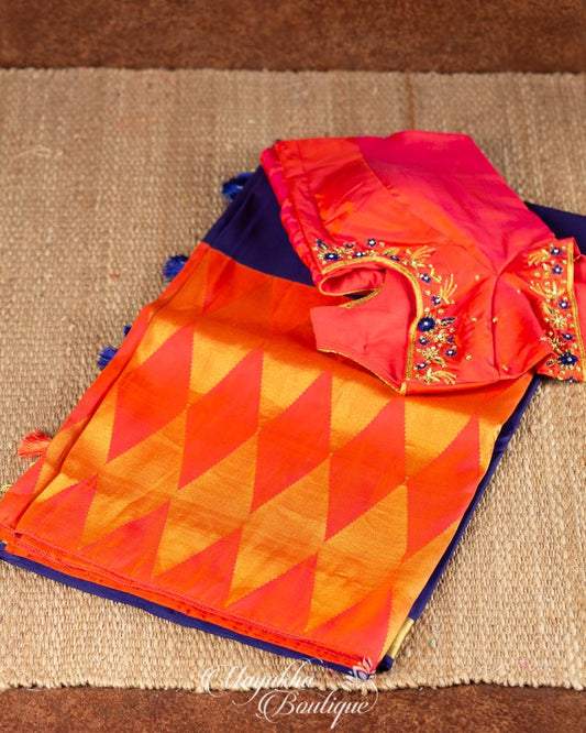 Blue Kanchipuram Pure Silk Saree With Orange Border mayukhasarees