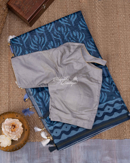 Chanderi With Block Prints Blue & Grey Blue Field Saree With Stitched Blouse In Size 38-44 mayukhasarees